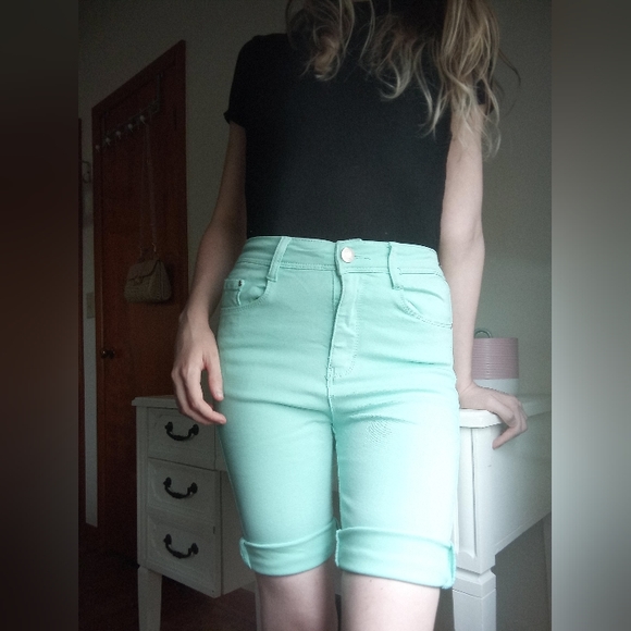 BLUE TOPIC - Mint / Turquoise Denim High Waisted Bermuda Shorts - Picture 3 of 6